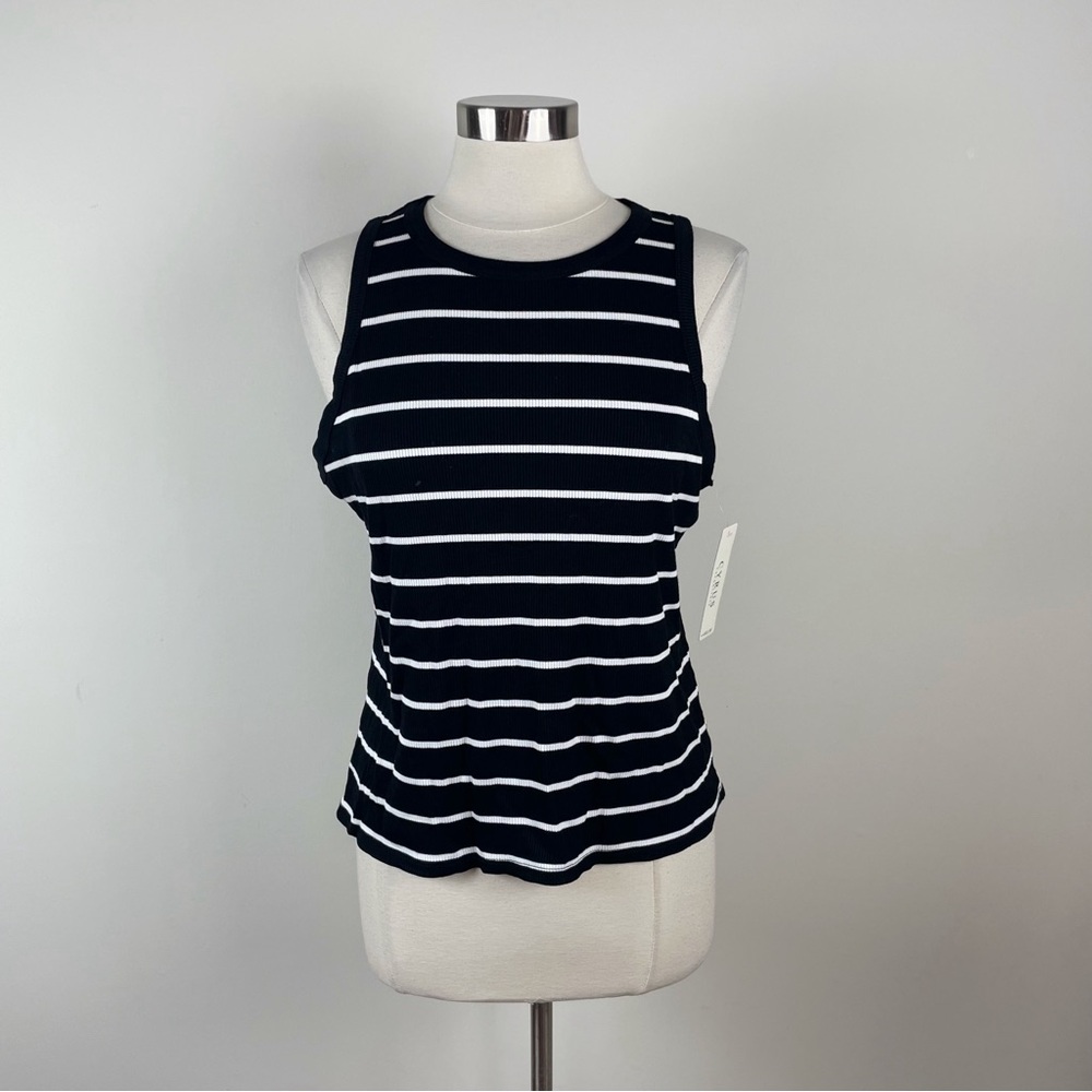 Cyrus Black White Stripe Ribbed Knit Top New Women Large Stretch Comfort